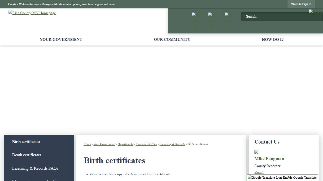 Birth certificates | Rice County, MN